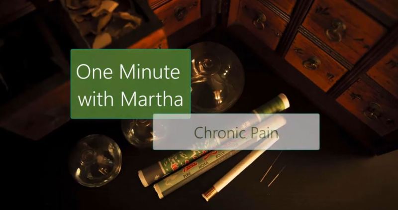 A table with cups and cigarettes, along with the words 'One Minute with Martha, Chronic Pain