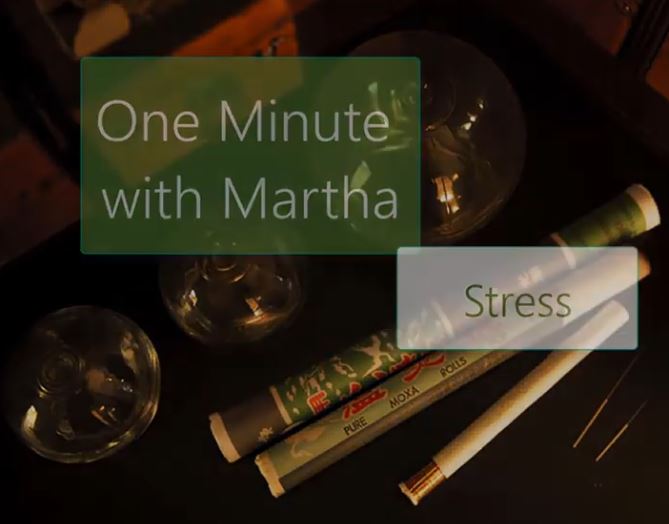 A table with cups and cigarettes, along with the words 'One Minute with Martha, Stress